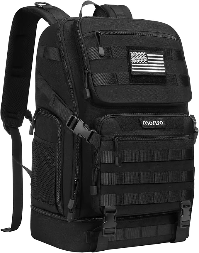 MOSISO 23L Tactical Backpack with Bottom Insulated Cooler Military Daypack 3 Day Assault Pack Army Rucksack Bug Out Bag with USA Flag Patch for Men Women Sport Outdoor Hiking Camping Training Black