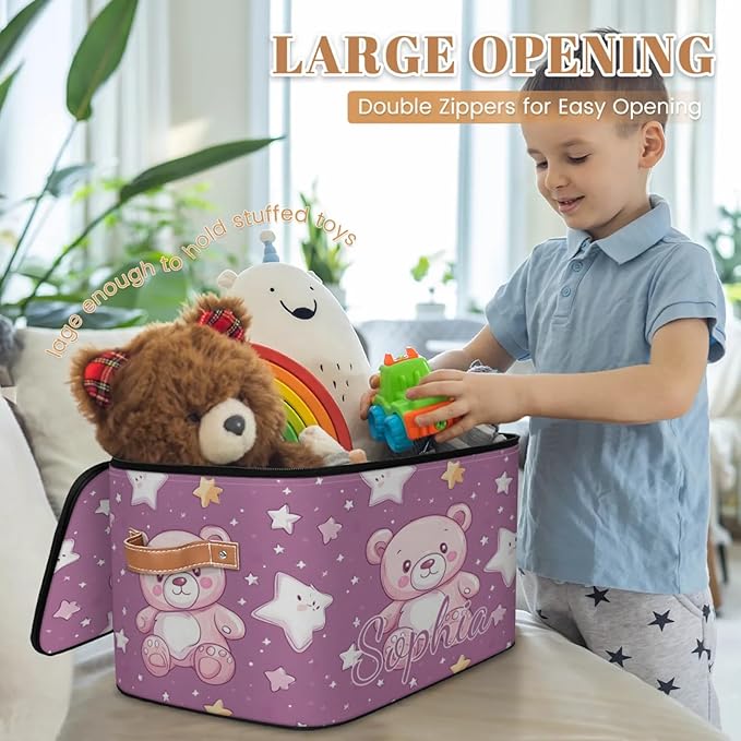 Custom Storage Basket with Name Personalized Storage Bins with Zipper Lid Foldable Fabric Storage Box Large capacity with Handle Star Pink Bear