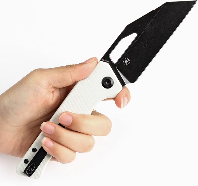 KANSEPT Egress Pocket Knives 8.24in Folding Knife with Black Stonewashed 14C28N Blade White G10 Handle Pocket Tactical Knife for Men Women Envelope Opener with Thumb hole T1033A4