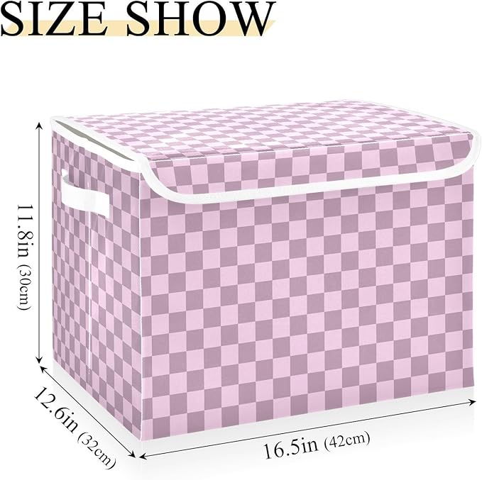 Grey Pink Checkerboard Storage Baskets Lidded Bin Foldable Storage Boxes Cubes Lids with 2 Handles for Organizing Closet Home Office