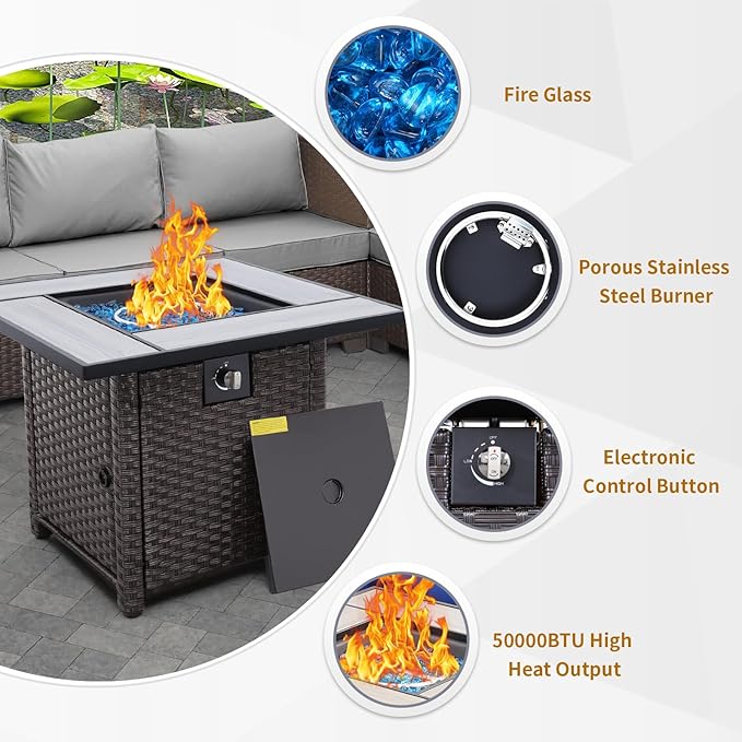 Outdoor Propane Fire Pit 30 Inch PE Wicker Patio Firepit Table with Fire Glass for Outside Parties and Gatherings on Garden Backyard Porch