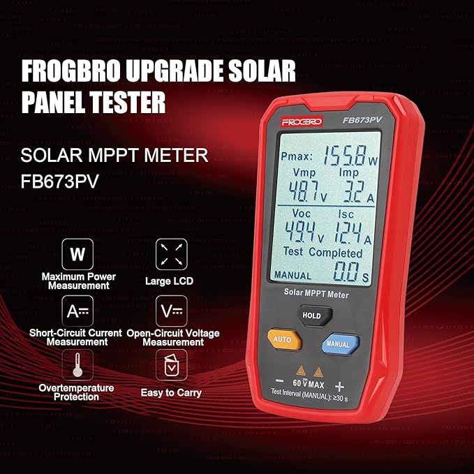 FrogBro Upgrade Solar Panel Tester Meter Photovoltaic Multimeter 800W Solar MPPT Meter with Large Ultra Clear LCD Smart MPPT Open Circuit Voltage Troubleshooting Utility Tool for Solar PV Testing