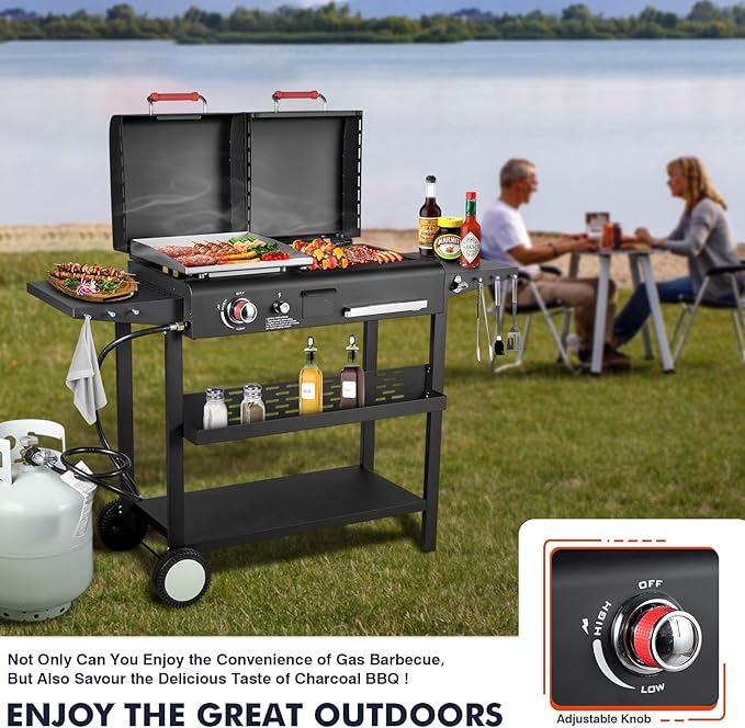 Propane and Charcoal Grill Combo Gas Griddle Grill Combo Two Fuel BBQ Grills with Long Silicone Non-Slip Grill Gloves Dual Fuel Lids and Side Shelves