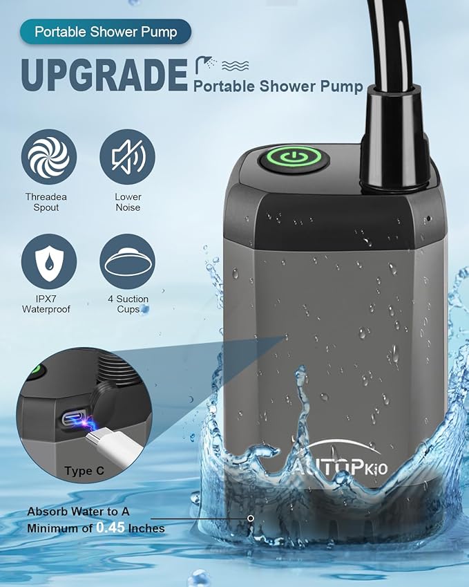 AUTOPkio Portable Camping Shower 6000mAh Rechargeable Camp Shower Pump with USB Cable &amp Electric Outdoor Shower Head Sprayer for Camping Hiking Pet Bathing Washing