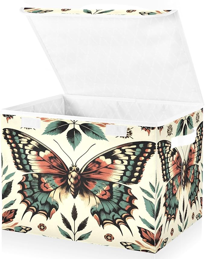 MNSRUU Containers Baskets with Lids Retro Beautiful Butterfly Foldable Storage Bins Organizer with Lid Collapsible Storage Boxes for Home Bedroom Closet Office
