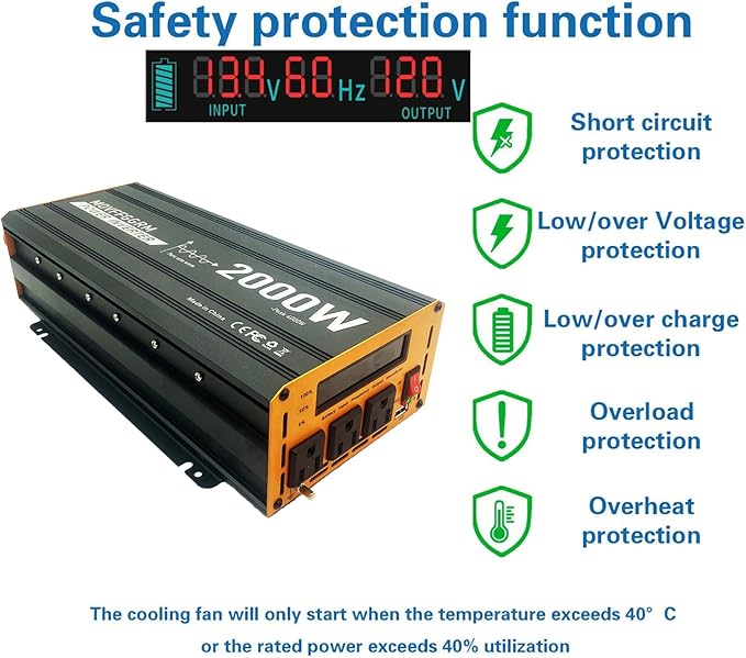 2000W Pure Sine Wave Power Inverter peak-4000 WattDC 12V to 110Vwith 3xACUSB PortLCD Digital Display