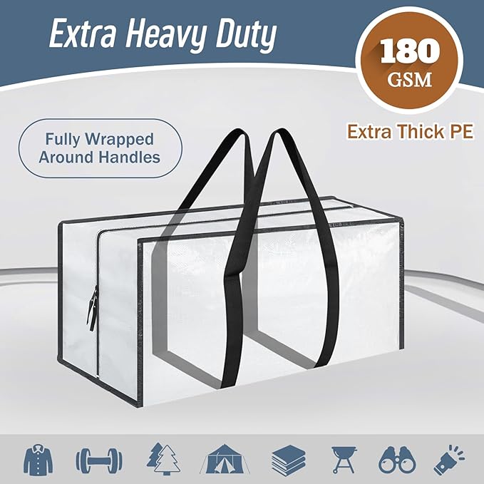 6 Pack Extra Heavy Duty Large Moving Bags with Strong Zipper &amp Comfortable Handles Sturdy &amp Durable Clothes Storage Bags Totes Bins Packing Moving Boxes for College Supplies White