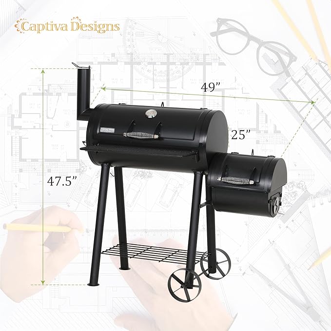 Captiva Designs Charcoal Grill with Offset Smoker All Metal Steel Made Outdoor Smoker 512 sq.in Cooking Area Best Combo for Outdoor Garden Patio and Backyard Cooking