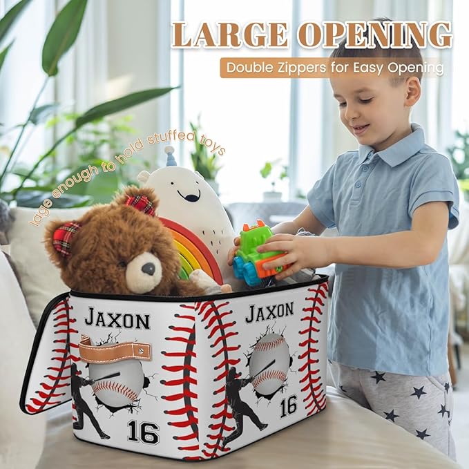 Custom Baseball Ball Storage Bins with Lid Foldable Personalized Storage Basket Boxes with Handle Baseball Shelf Basket Closet Organizer Cube