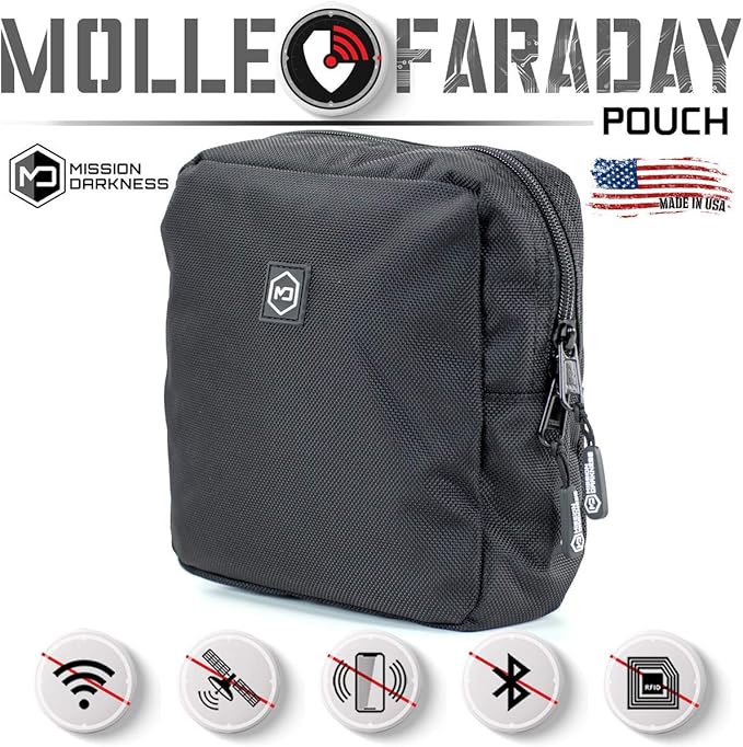 Mission Darkness MOLLE Faraday Pouch // Military-Grade Bag with RF Signal Blocking Liner Attaches to MOLLE Webbing Systems // Anti-Hacking &amp Tracking Assurance Data Privacy for Handheld Devices
