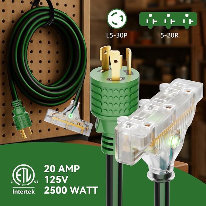 25FT Generator Extension Cord NEMA L5-30P to Triple 5-15R/5-20R 10 Gauge 30 Amp to 110V Twist Lock Power Cord with LED Indicator ETL Listed Heavy Duty Power Adapter for RV Jobsite Backup Use
