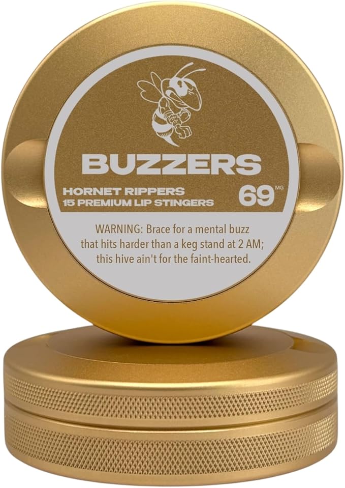 Buzzers | Metal Container for Zyn Premium Aluminum Can &amp Rugged Pouch Holder | Extra Capacity Knurled Grip &amp Used Pouch Storage | EDC (Champagne Gold)