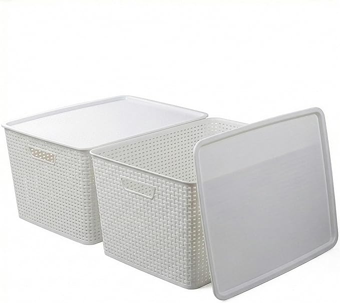 BINO | Plastic Storage Baskets with Lids 45 Liter - 3 Pack White | THE WOVEN COLLECTION | Storage Basket for Shelves | Woven Storage Baskets for Organizing Bins Pantry Shelf Organizer Container Bin