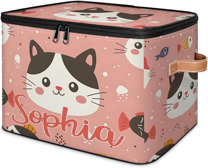 Custom Storage Basket with Name Personalized Storage Bins with Zipper Lid Foldable Fabric Storage Box Large capacity with Handle Cat Pink