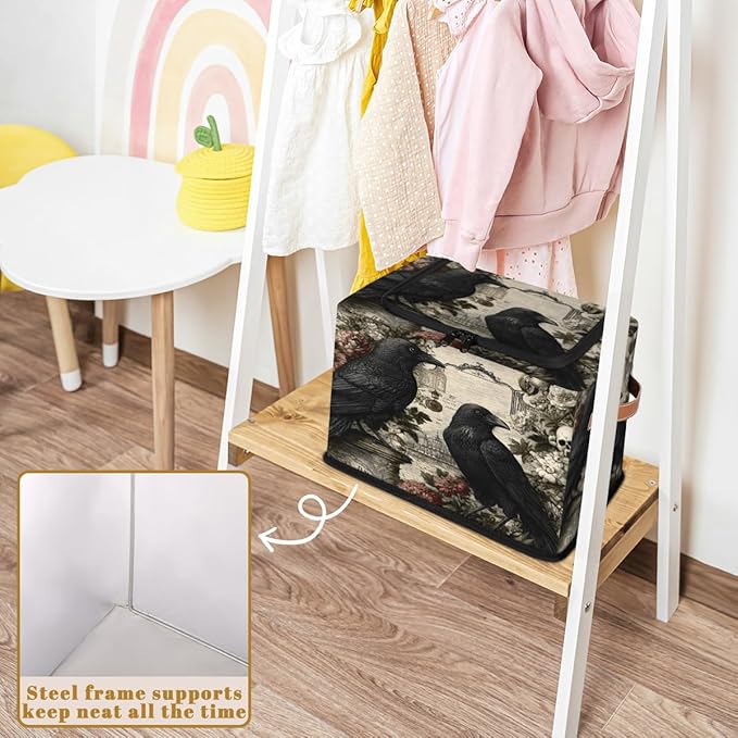 Halloween Skull Storage Bins with Lids Raven Flower Collapsible Cube Storage Basket with Leather Handle Foldable Storage Box with Lids for Organizing Home Closet