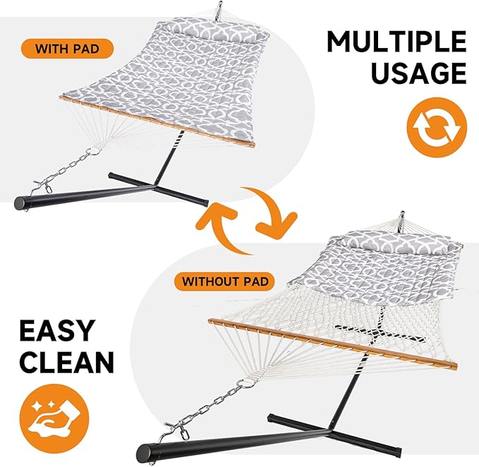 Everyfun 2 Person Outdoor Hammock with Stand Cotton Rope Hammock with Polyester Pad Adjustable Steel Frame Portable with Carrying Bag – for Patio Backyard Garden Beach White-Gray