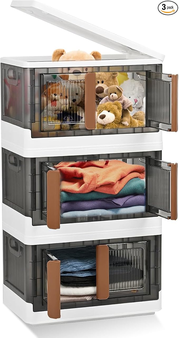 AJP Distributors 3 Pack of 8.5 GAL Stackable Storage Bins with Lids Plastic Collapsible Totes Folding Box Storage Containers Stacking Wardrobe Closet Organizer For Home Office Clothing Books