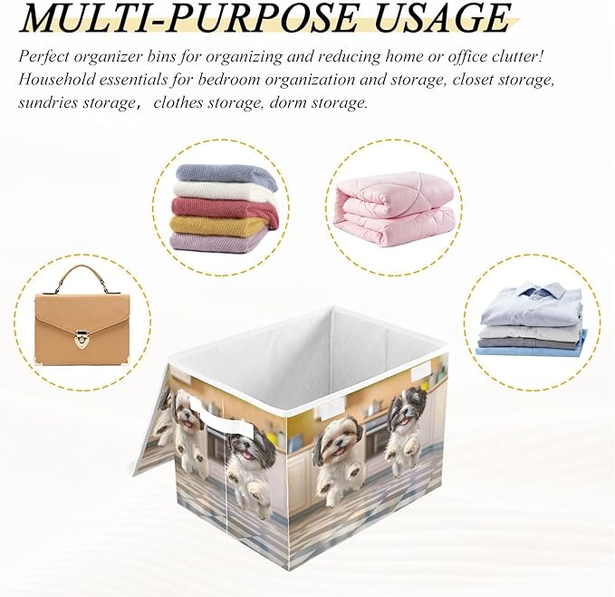 AIXIWAWA Lidded Storage Cube (Jumping Puppy) Fabric Foldable Closet Bins with Flip Lid and Handles Organizer Basket Container 16.5 x 12.6 x 11.8 IN