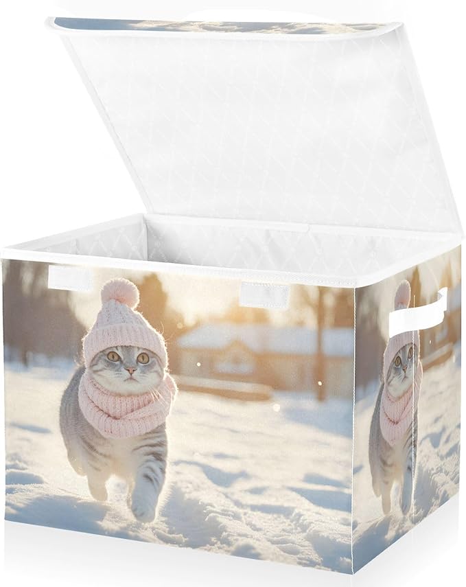 AIXIWAWA Lidded Storage Cube (Winter Cute Cat) Fabric Foldable Closet Bins with Flip Lid and Handles Organizer Basket Container 16.5 x 12.6 x 11.8 IN