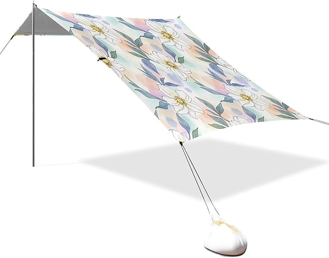 Daisy Beach Canopy Sun Shelter with Sandbags &amp Sand Shovel &amp Windproof Ropes - Portable 110x126 Beach Shade Beach Tent for Camping Picnics