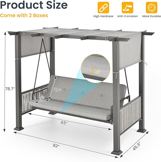 Pamapic 3-Seat Porch Swing with Stand 990 LBS 2 in 1 Convertible Bed Patio Swings with Canopy Adjustable Wicker Side Panel Swing Chair Outdoor with Cushion for Backyard Porch Garden (Gray)