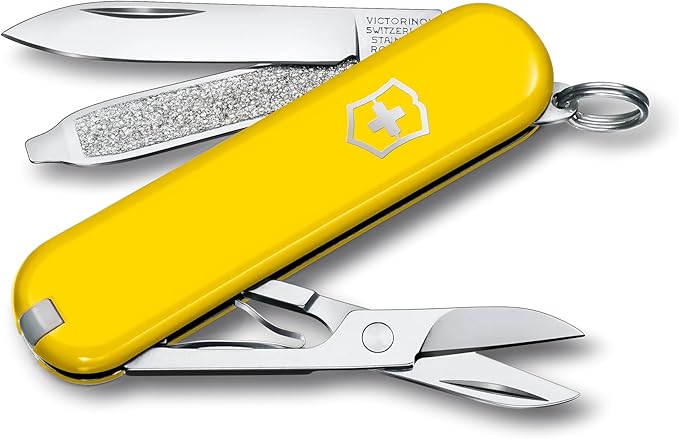 Victorinox Classic SD Swiss Army Knife Compact 7 Functions Swiss Made Pocket Knife with Small Blade Screwdriver and Key Ring - Sunny Side (Yellow)