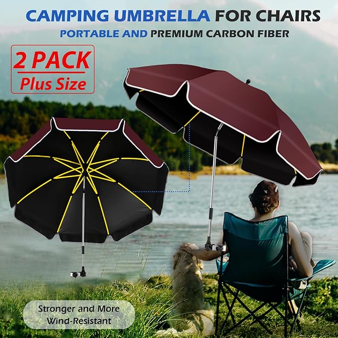 2Pack 48.8 inch Large Beach Umbrella with Clamp Sun Shade for Beach Chair 360°Adjustable UV Protection Golf Umbrella with Clip for Stroller Wheelchair Camping Chair