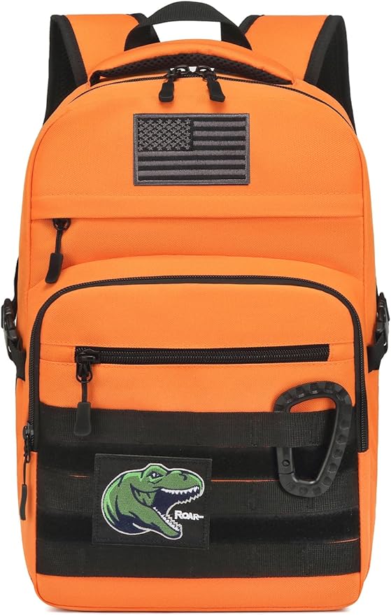 Kids Tactical Backpack Army Molle Bookbag Military Boys Backpack for School Outdoor Camping (Includes 2 Patches+1Carabiner) Orange
