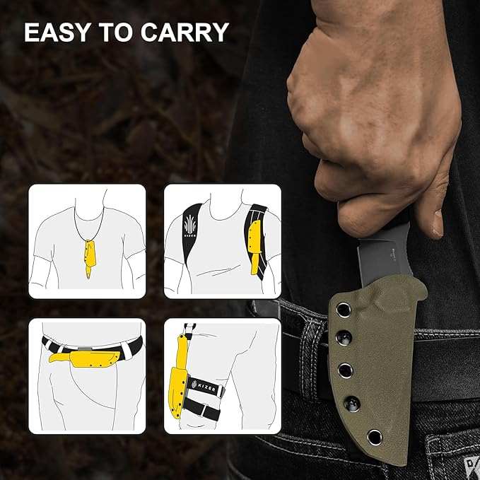 Kizer Beaver 2 Fixed Blade Knife 2.75 D2 Clip Point Blade EDC Hunting Knife with Black G10 Handle Outdoor Camping Survival Knives with Kydex Sheath Small Neck Knives for Men Women 1078A3