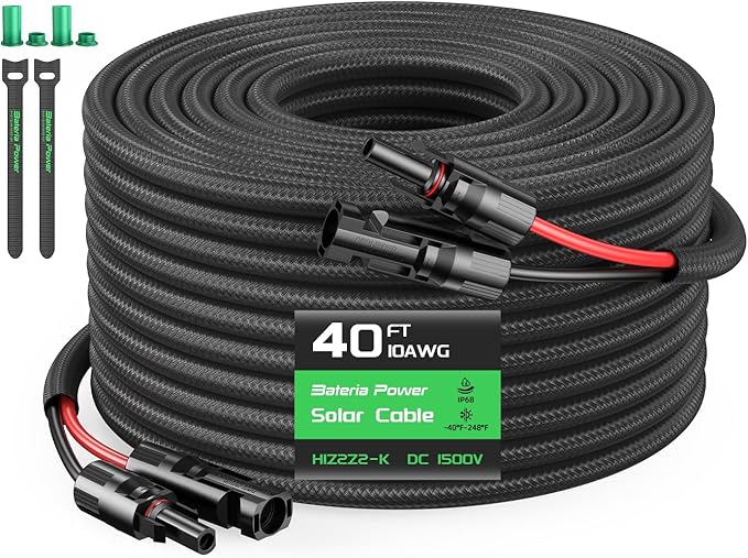Solar Panel Extension Cable 10AWG 40FT Flame Retardant Protective SleevingBateria Power Twin Wire 10 Gauge Solar Cable with IP68 Female &amp Male Waterproof Connectors Dust Caps for Home RV
