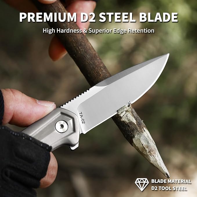 Small EDC Pocket Knife for Men &amp Women - 3 Drop Point D2 Blade Titanium Handle with Button Lock &amp Pocket Clip | Small Slim Cool Folding Knife for Daily Carry Camping Hiking &amp Outdoor Us