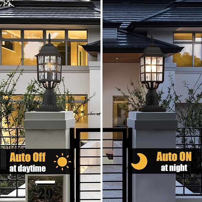 2-Pack Dusk to Dawn Outdoor Post Light Exterior Lamp Post Light Fixture with Pier Mount Base Exterior Pole Lantern Light Black with Water Ripple Glass