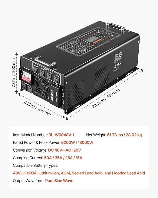 VEVOR Pure Sine Wave Inverter Charger 6000 Watt DC 48V to AC 120V Battery Charger with LCD Display Remote Control Solar Inverter for Off-Grid Solar RV Boat Home Compatible with Various Batteries