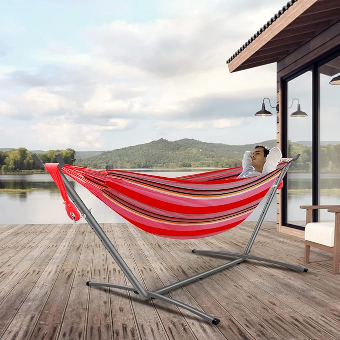 Gold Armour Brazilian Style Hammock with Tree Straps for Hanging Portable Single Double Hammock for Camping Outdoor Indoor Patio Backyard (Pink Stripe)