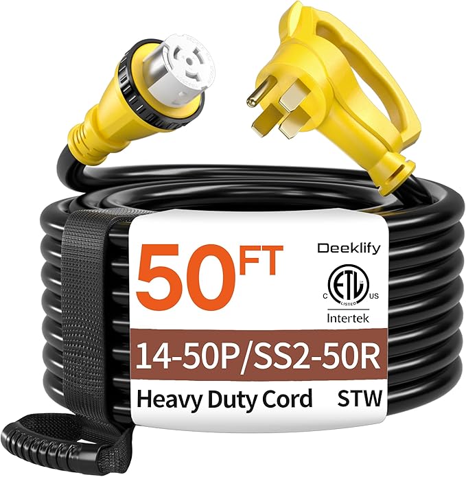 50FT 50 Amp Generator Cord NEMA 14-50P/SS2-50R Heavy-Duty 4 Conductors Cable Pure Copper STW RV Extension Cord Female Plug with Twist Lock Suitable for RV or Camper ETL Listed