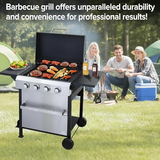 CIG GARDEN 4-Burner Propane Flat Top Grill 42000 BTU Stainless Steel Commercial-Style Griddle for Patio Backyard Camping &amp Outdoor BBQ