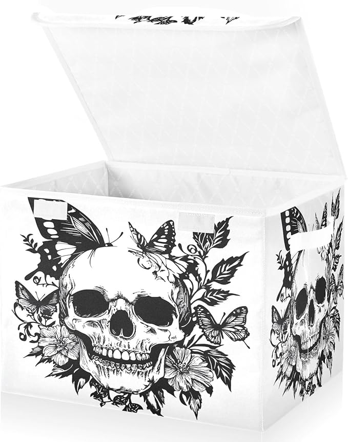 MNSRUU Containers Baskets with Lids Skull Butterfly Fabric Foldable Storage Bins Organizer with Lid Collapsible Storage Boxes for Home Bedroom Closet Office