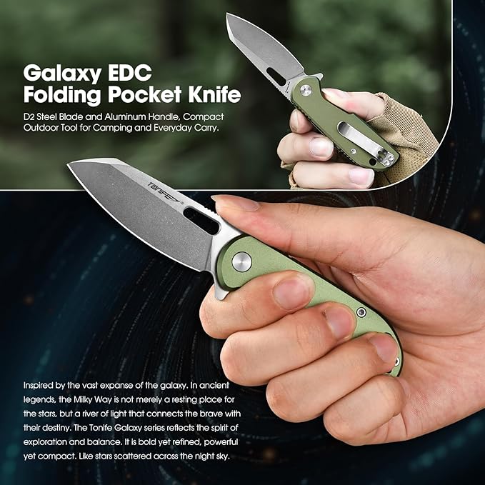 TONIFE Galaxy Mini Folding Knife with D2 Steel Blade and Aluminum Handle EDC Pocket Tool for Camping Hiking and Survival (green)
