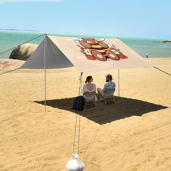 Floral Bear with Strawberry Beach Tent Sun Shelter Set UPF50+ UV Protection 10.5 x 9.19 FT Camping Shade Canopy with Sandbags Sand Anchors Carrying Bag and Others