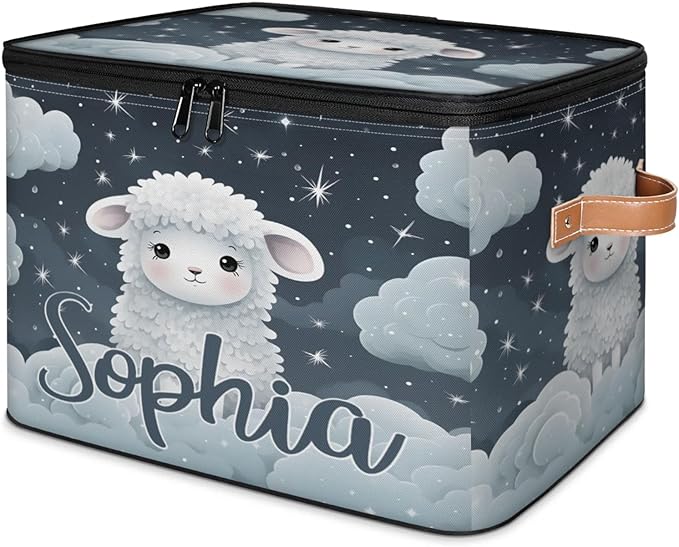 Custom Storage Basket with Name Personalized Storage Bins with Zipper Lid Foldable Fabric Storage Box Large capacity with Handle Cloud Sheep