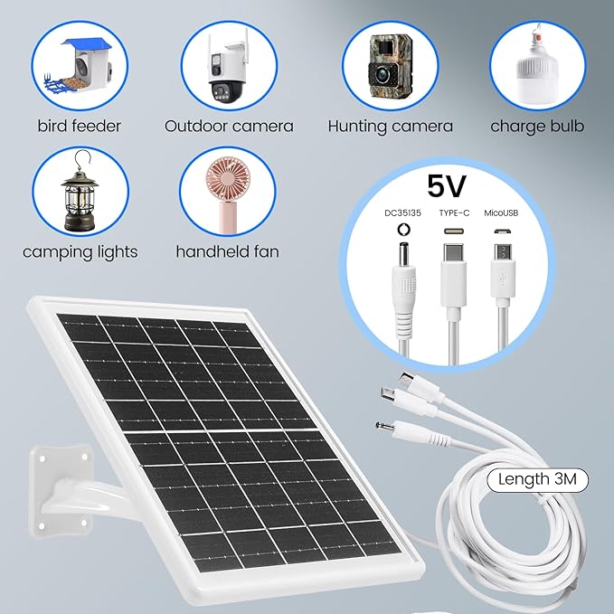 Solar Panel Built-in Battery 12000mAh with Micro USB &amp Type-C &amp Port and DC35135 Port for Camera or DC 5V Device with 10ft Charging Cable IP66 Waterproof Rechargeable