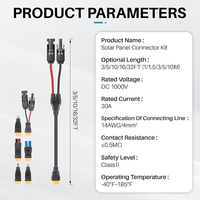 6-in-1 Solar Panel Connector Cable Kit 14AWG Heavy-Duty Weatherproof Extension Multi Output DC5521/7909/8020/XT60 for Portable Power Station RV Camping Generator(10FT)