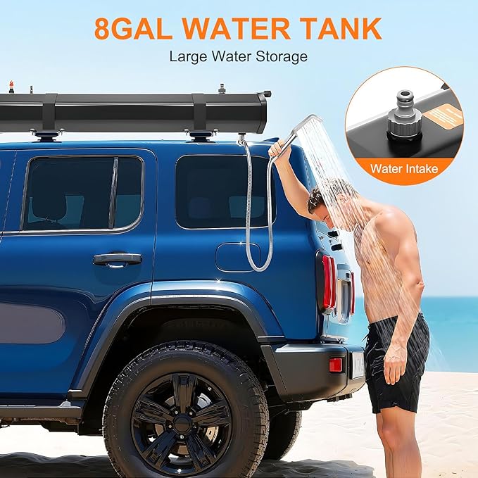 8 Gallon Solar Camping Shower - Pressurized Water Tank for Vehicle Truck RV &amp Beach Roof Rack Mount with Handheld Showerhead &amp Long Hose for Outdoor Adventures