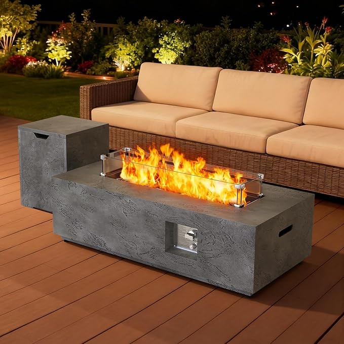2-Piece 42 Rectangular Propane Fire Pit for Outside Patio with Hidden Tank Table 50000 BTU Fireplaces with Glass Wind Guard Lid Glass Rocks Cover(Grey Rock Veins)