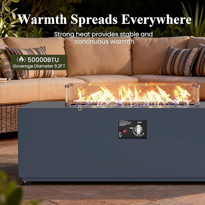 LayinSun 42 Inch Outdoor Fire Pit Table for Outside Patio 55000BTU Rectangle Propane Firepit with Hidden Fuel Tank Glass Wind Guard Waterproof Cover and Lid