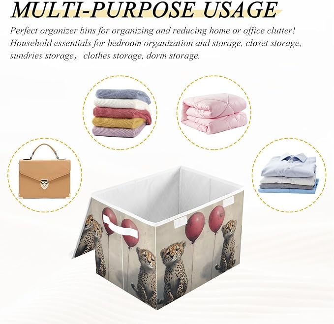 AIXIWAWA Lidded Storage Cube (Cute Cheetah) Fabric Foldable Closet Bins with Flip Lid and Handles Organizer Basket Container 16.5 x 12.6 x 11.8 IN