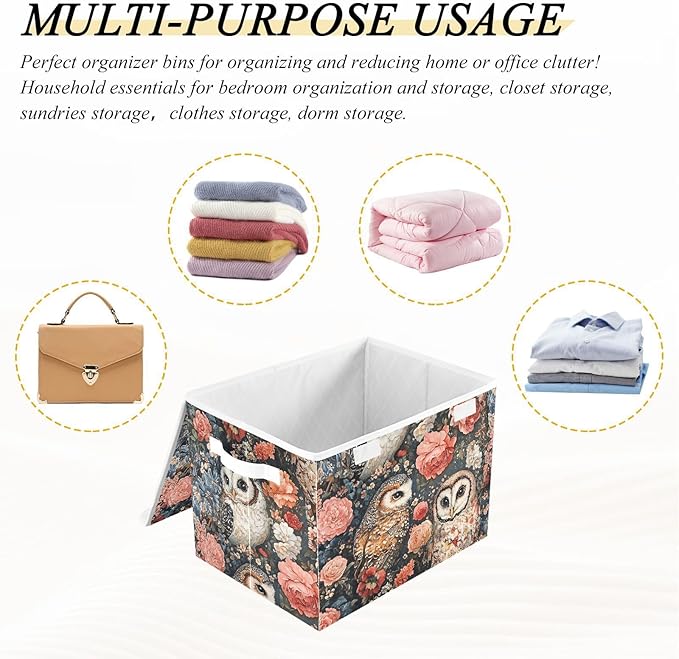 Storage Cube with Lid Art Owls Print 16.5×12.6×11.8 IN 1 Pack Collapsible Large Capacity Foldable Storage Basket Bin Organizer