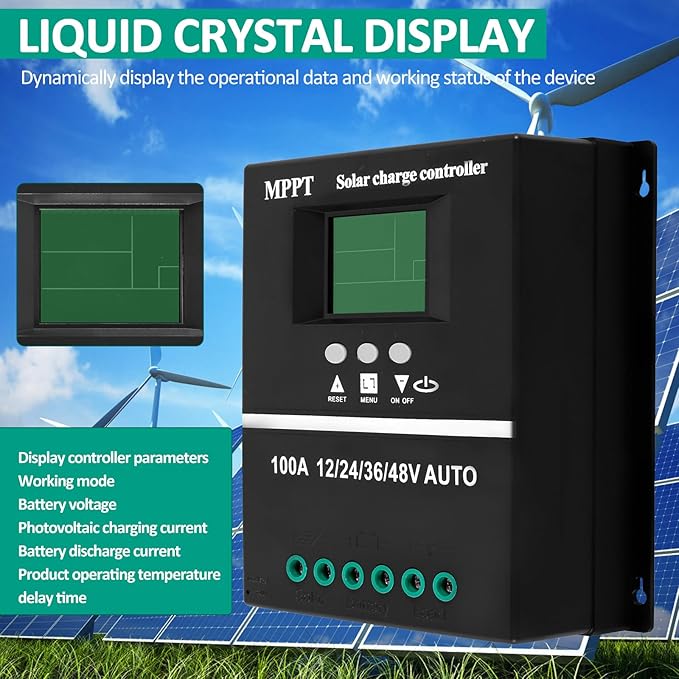 50A-100A Solar Charge Controller 100A MPPT LCD Display Solar Battery Regulator 12/24/36/48V Intelligent Solar Panel Regulator with Double USB Charging Port 7 Modes for Charging