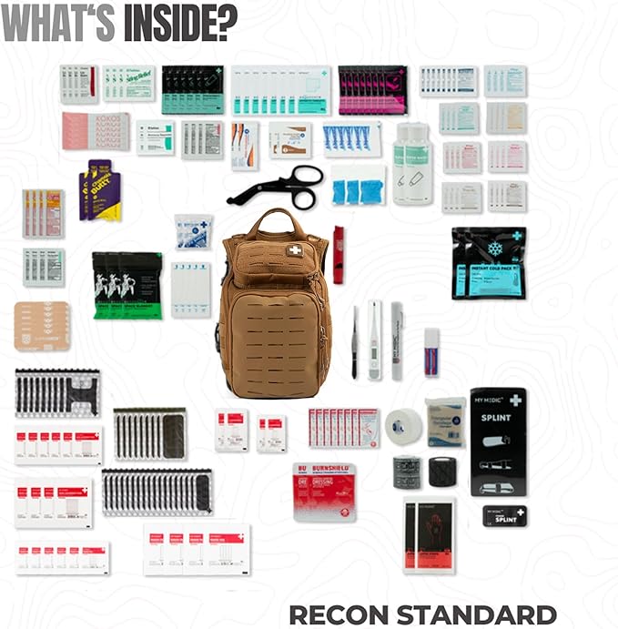 MY MEDIC The Recon Standard Emergency Medical Kit - First Aid Survival Essentials &amp Supplies | Must Haves for Any Home Car Travel Office or Business - Coyote