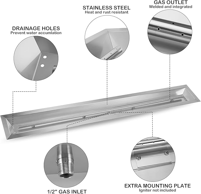 Stanbroil 60 by 6-Inch Linear Trough Drop-in Fire Pit Pan and Burner 304 Stainless Steel Large Fire Pit for Natural Gas &amp Propane BTU 108000 Max